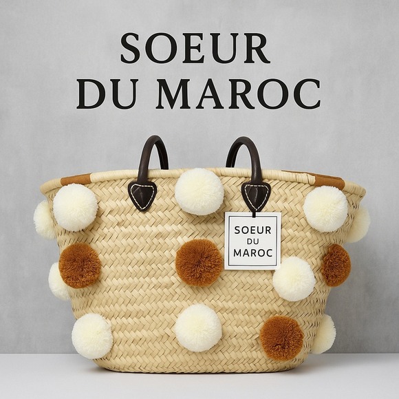 Soeur du Maroc Pom Pom Embellished Straw Tote Bag XL Purse Beach‎ Summer NEW - Picture 1 of 7